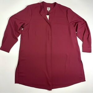Anne Klein Women's Chianti Red Longer Length Nehru Tunic Top Plus Size 1X